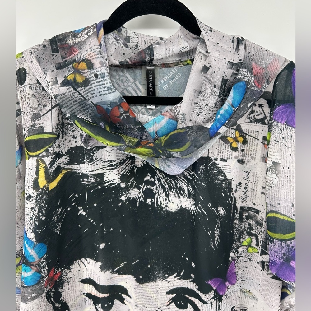 Artistic Y2K Retro Audrey Hepburn Butterfly Newspaper Print Cowl Neck Tunic Sz S - Picture 3 of 11